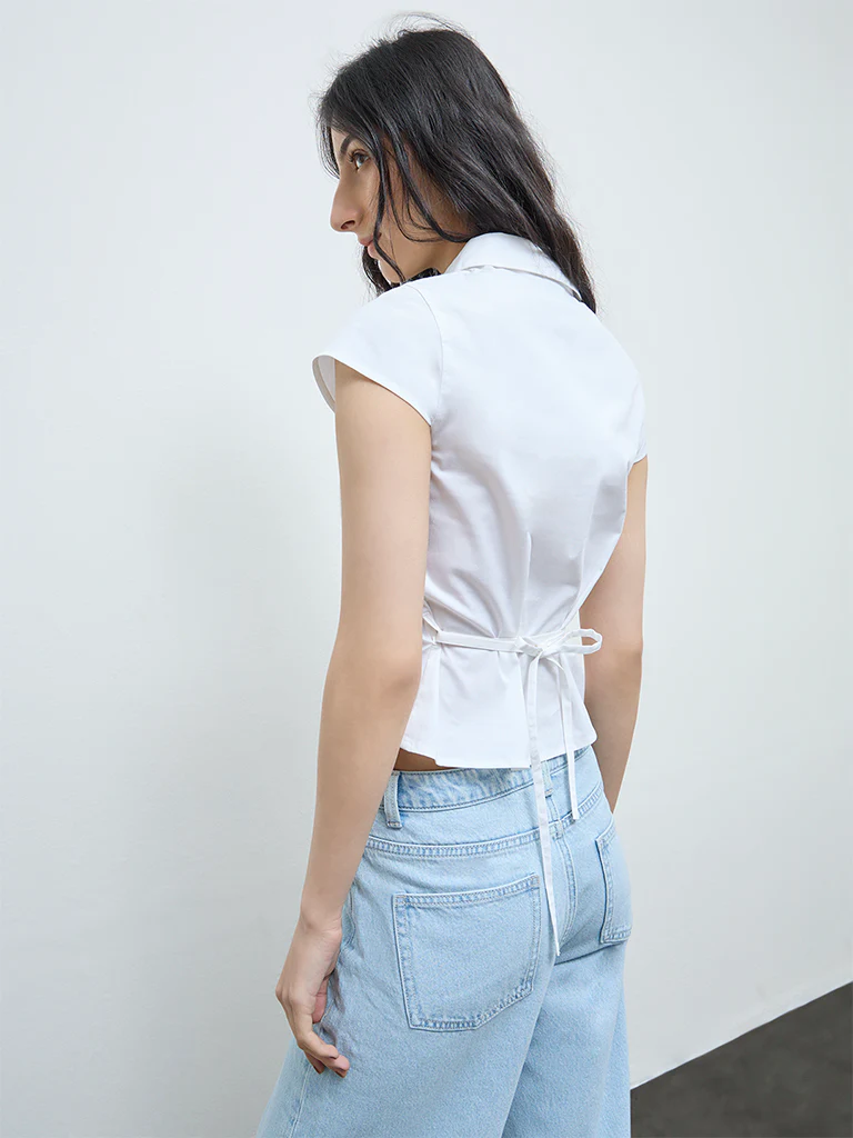Nuon White Ruched Cotton Shirt - Image 4