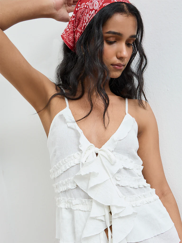 Nuon White Ruffled Tie-Up Cotton Top - Image 3