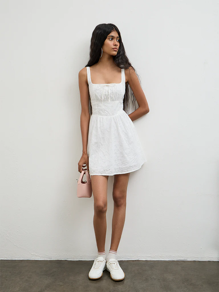 Nuon White Schiffli-Detailed Cotton A-Line Dress