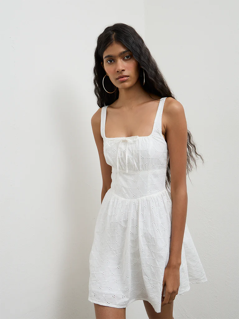 Nuon White Schiffli-Detailed Cotton A-Line Dress - Image 2