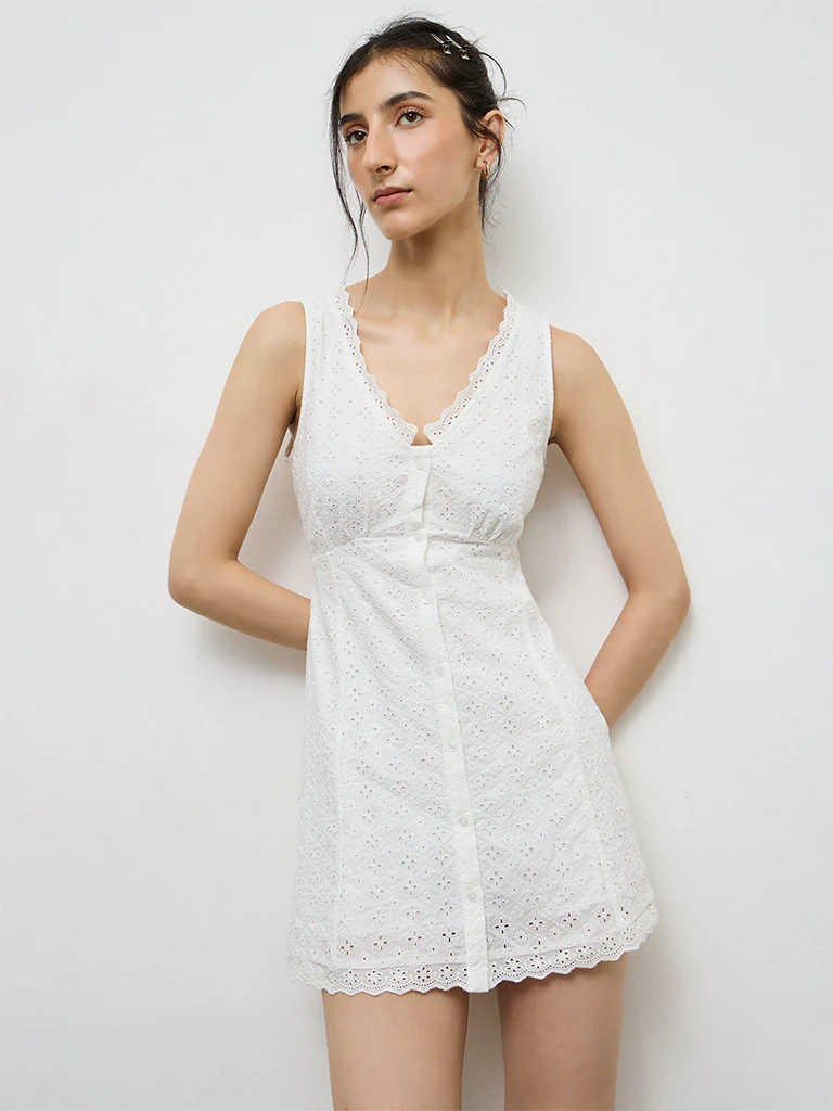 Nuon White Schiffli Embroidered Cotton A-Line Dress