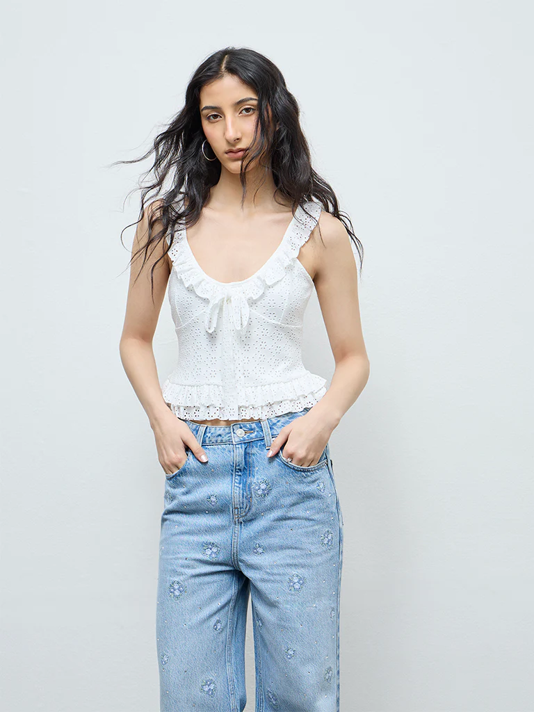 Nuon White Schiffli Embroidered Top