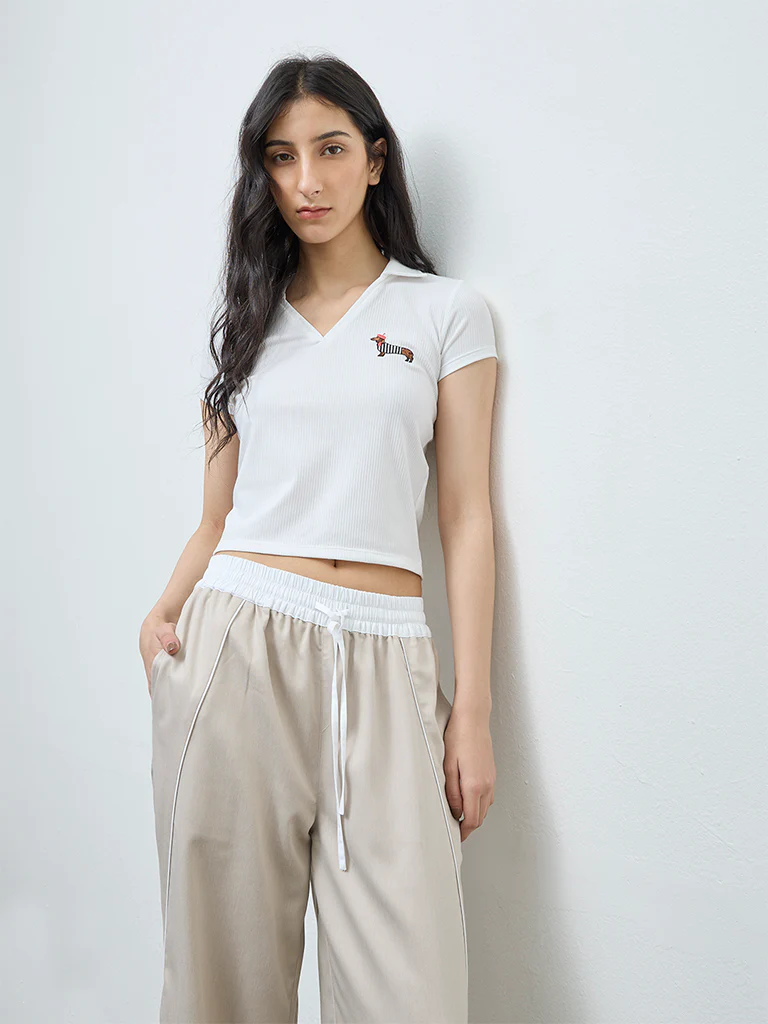 Nuon White Self-Striped Cotton T-Shirt
