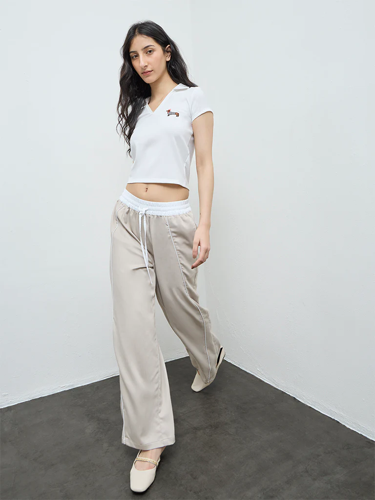 Nuon White Self-Striped Cotton T-Shirt - Image 2