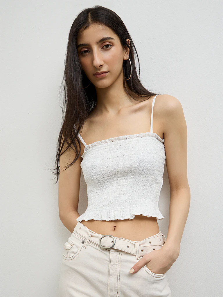 Nuon White Smocked Cotton Top