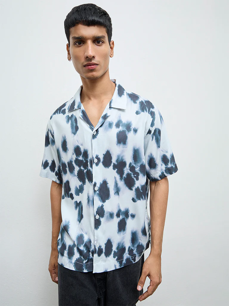 Nuon White Smudge Printed Relaxed-Fit Shirt