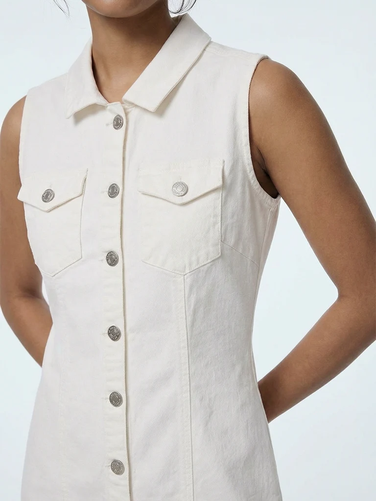 Nuon White Solid Denim Shirt Dress - Image 3