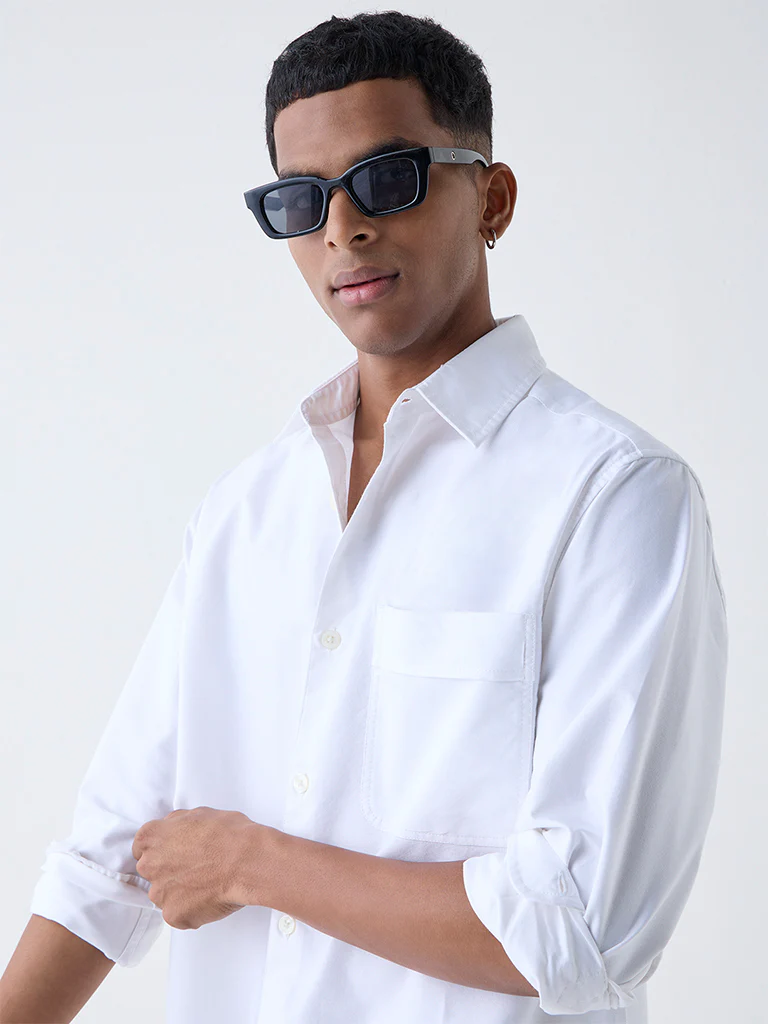 Nuon White Solid Relaxed-Fit Cotton Shirt - Image 3
