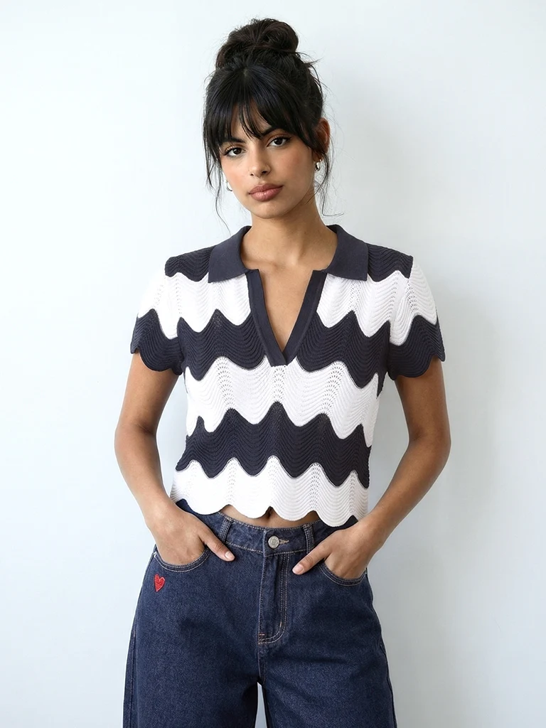 Nuon White Striped Knitted Cotton-Blend Top