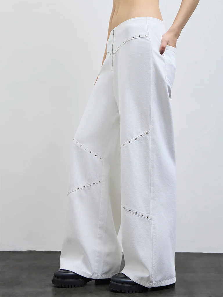 Nuon White Stud-Detailed Flared High-Rise Jeans - Image 2
