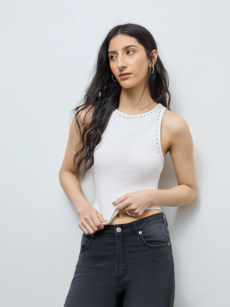 Nuon White Stud-Detailed Tank Top