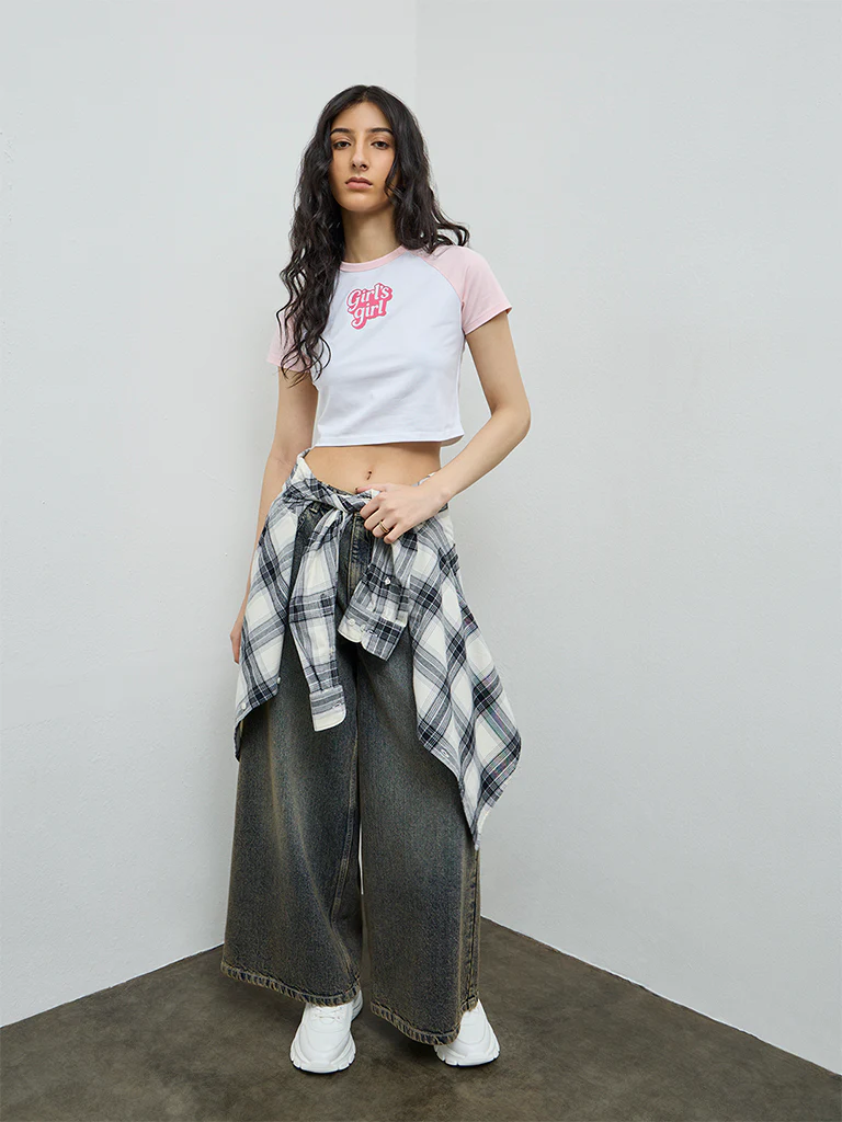 Nuon White Text Design Cotton-Blend Crop T-Shirt