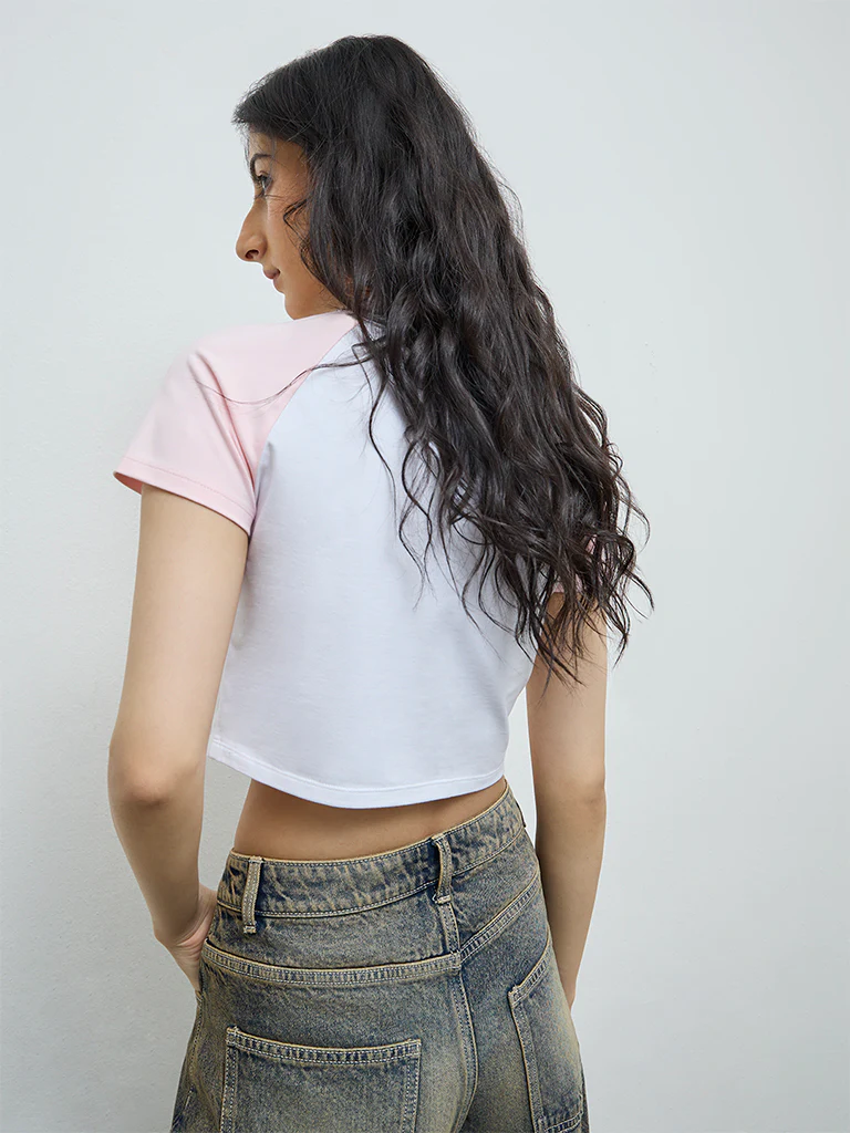 Nuon White Text Design Cotton-Blend Crop T-Shirt - Image 4