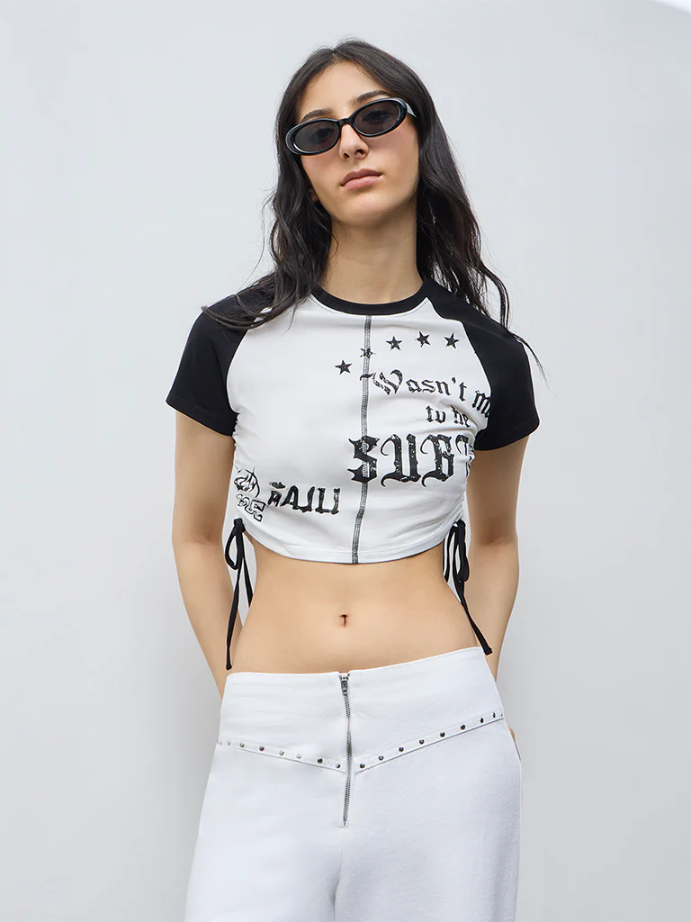 Nuon White Text Printed Cotton-Blend T-Shirt