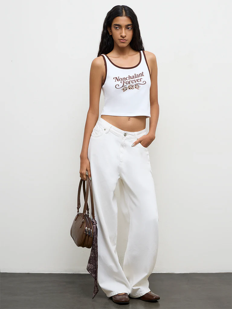 Nuon White Text Printed Cotton-Blend Top - Image 2