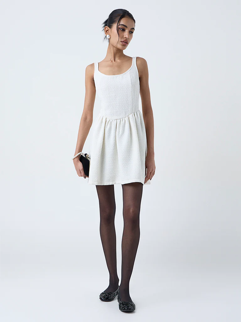 Nuon White Textured A-Line Cotton Dress