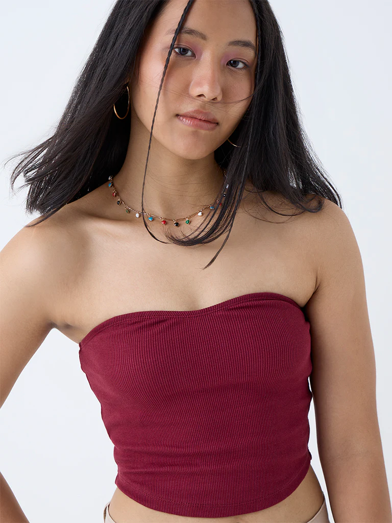 Nuon Wine Ribbed Cotton-Blend Tube Top - Image 3