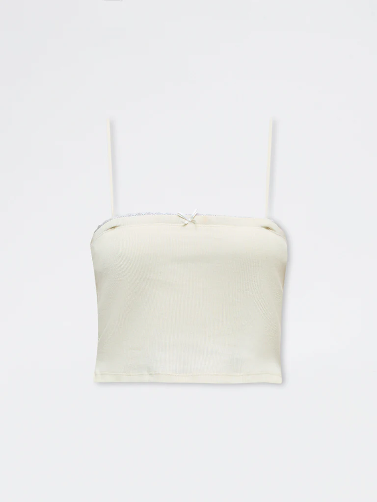 Nuon Yellow Ribbed Lace Cotton-Blend Top - Image 5