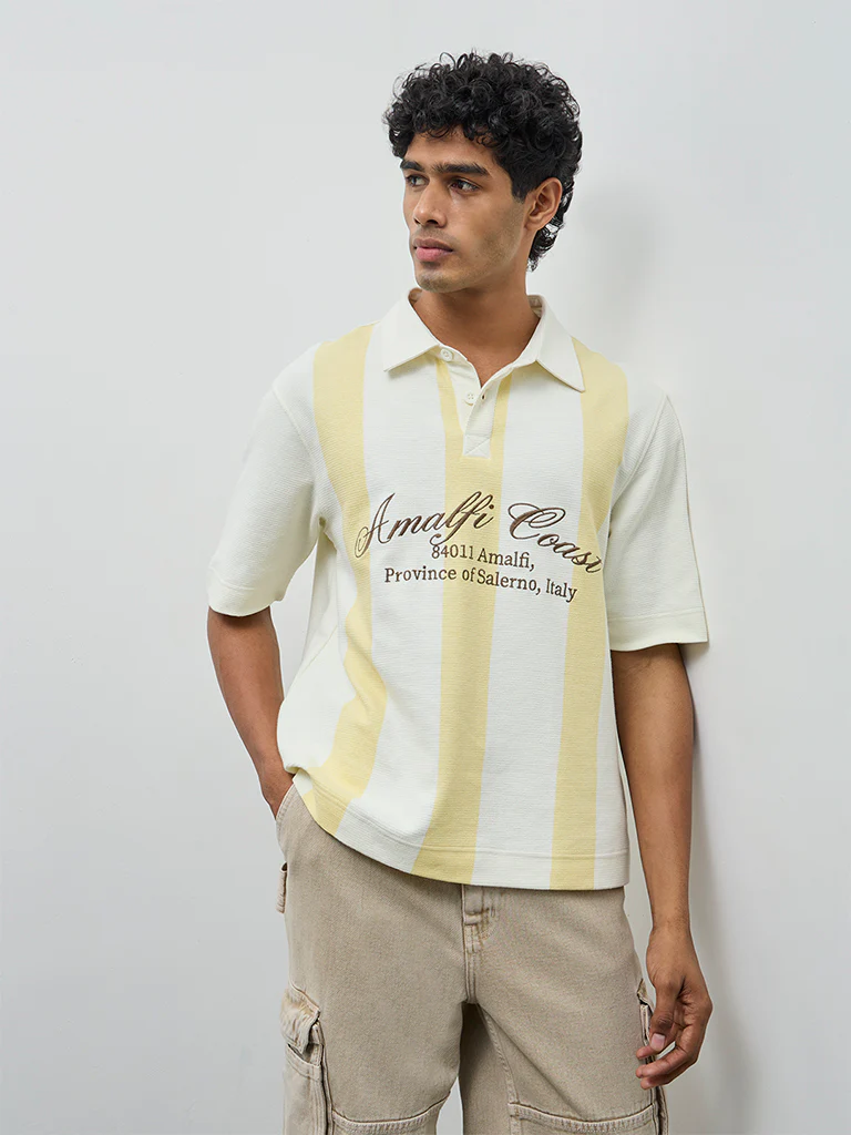 Nuon Yellow Text Design Relaxed-Fit Cotton-Blend Polo T-Shirt