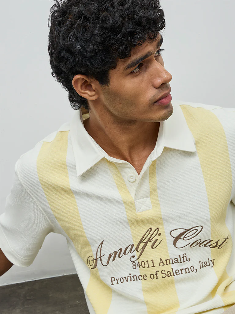 Nuon Yellow Text Design Relaxed-Fit Cotton-Blend Polo T-Shirt - Image 3