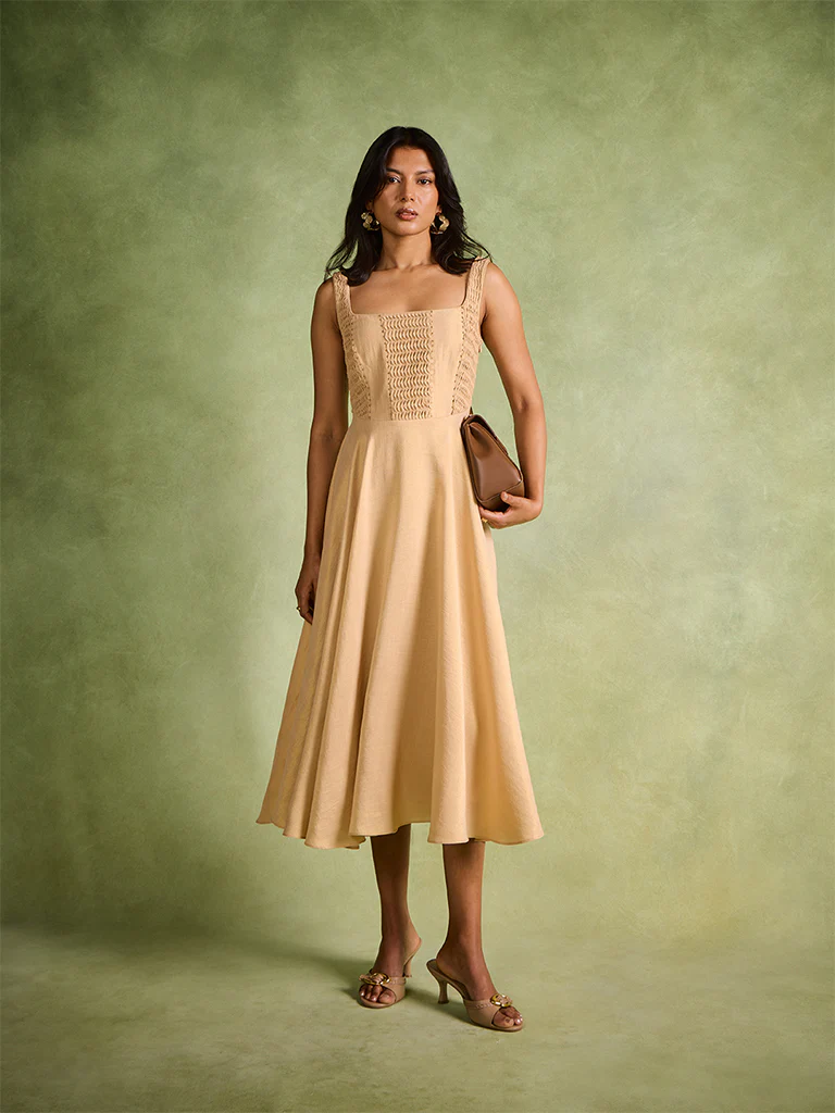 Pintuck Detail Dress – Gold