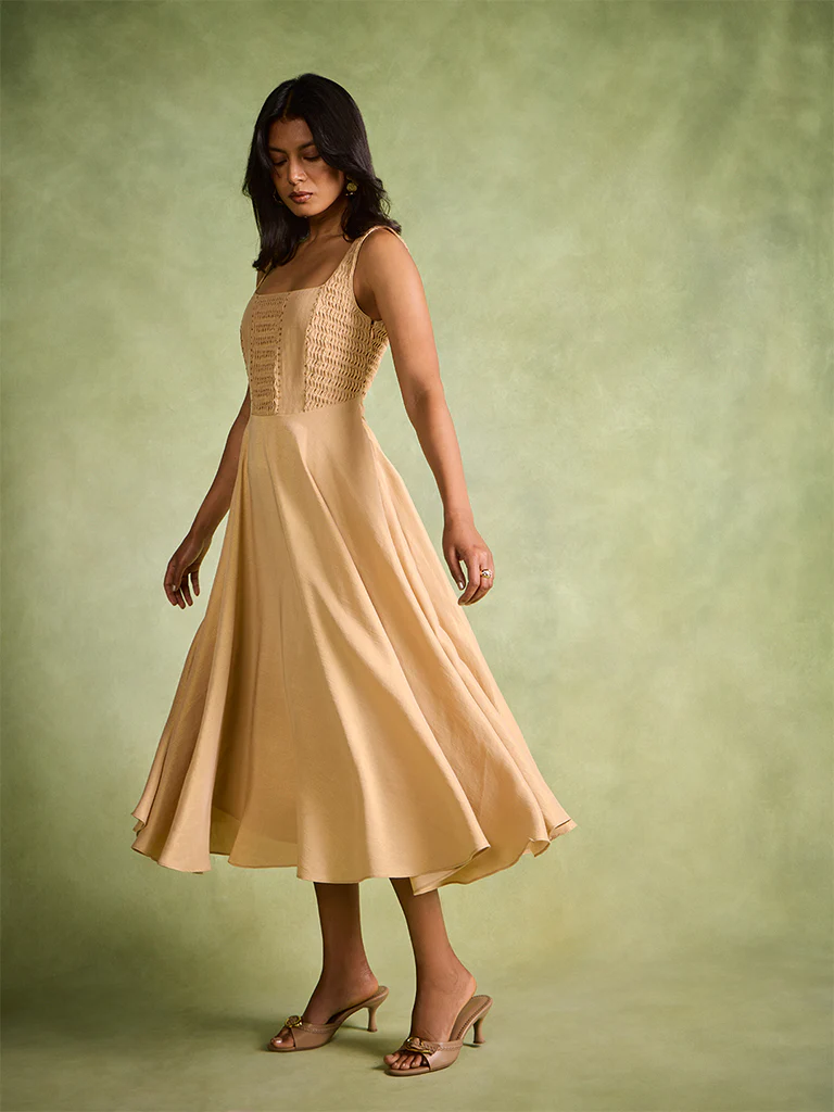 Pintuck Detail Dress – Gold - Image 2