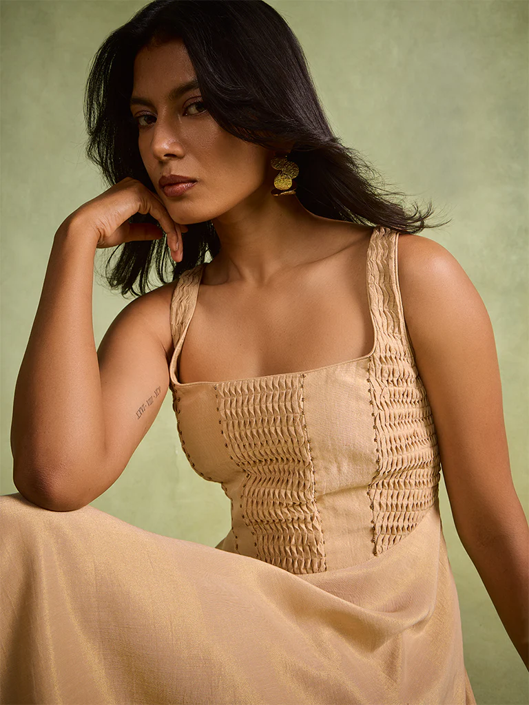 Pintuck Detail Dress – Gold - Image 3