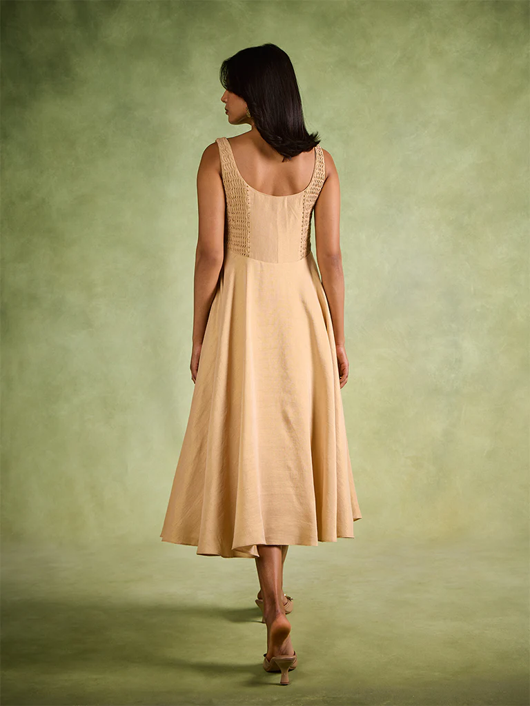Pintuck Detail Dress – Gold - Image 4
