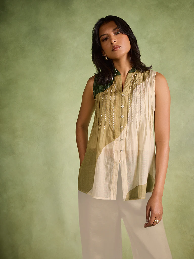 Pintuck Detail Top, Camisole and Pants Set – Green