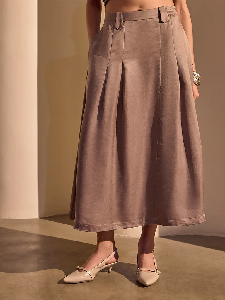 Pleated Midi Skirt – Brown - Image 2