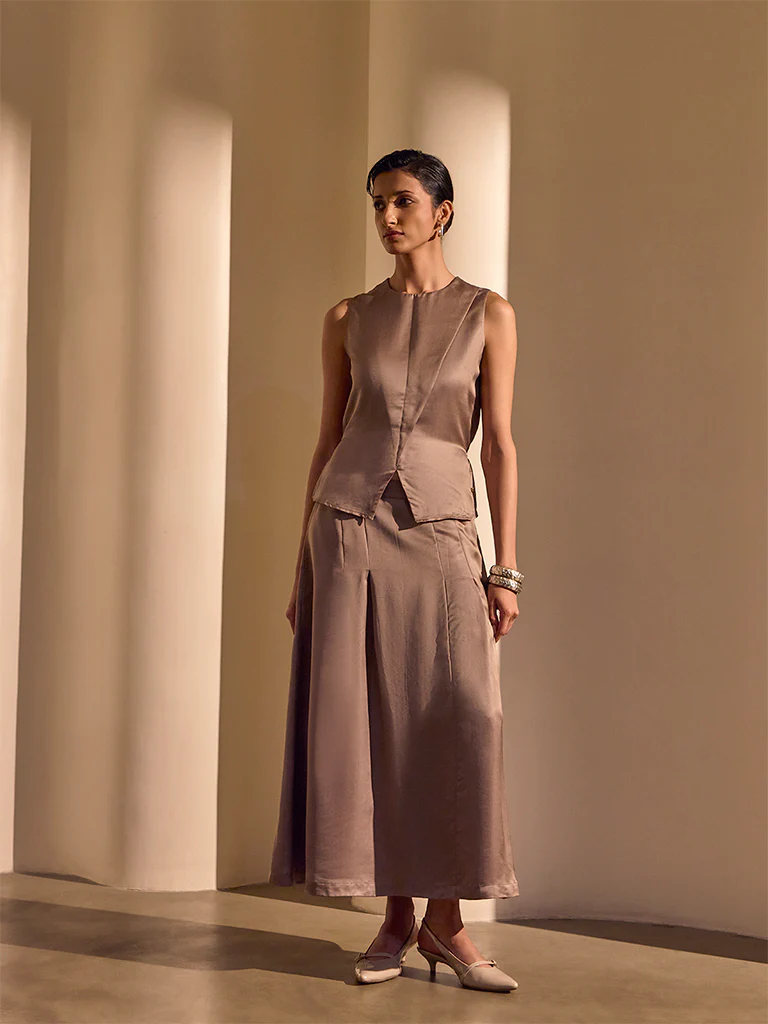 Pleated Midi Skirt – Brown - Image 4