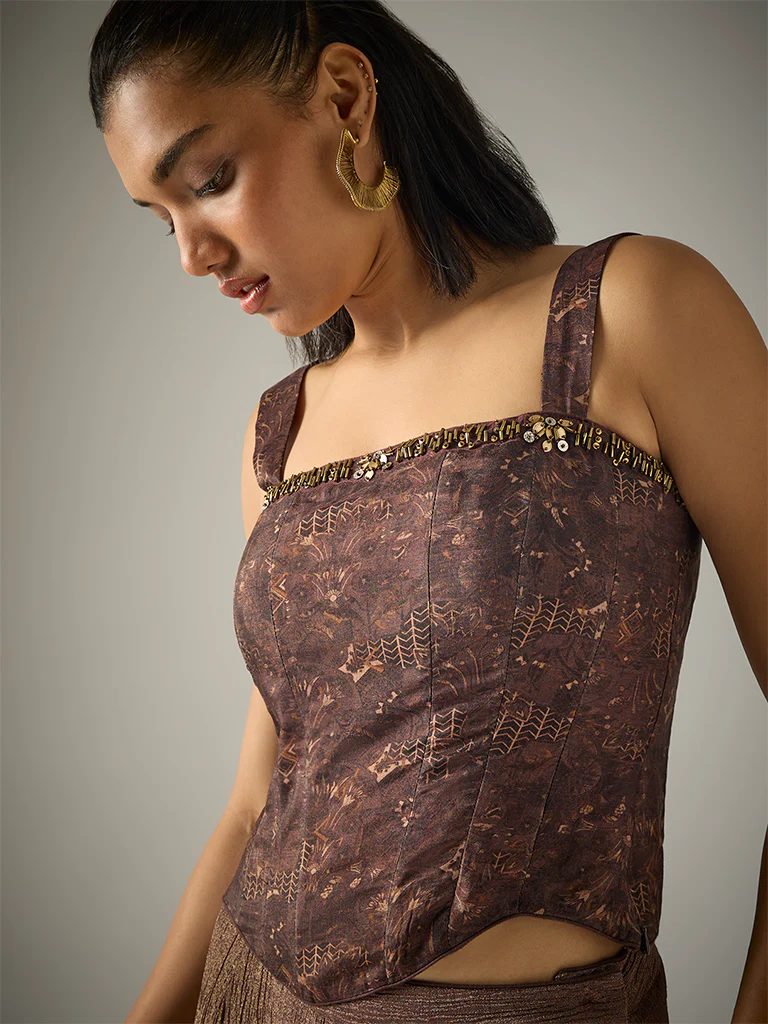 Printed Corset Top – Brown - Image 3