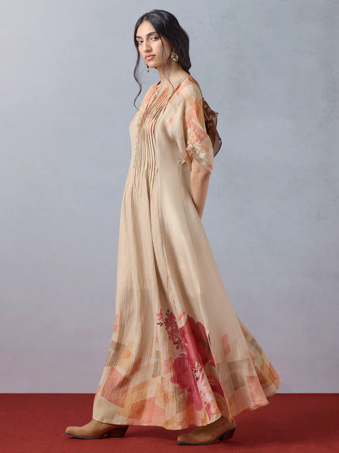 Printed Kaftan with Inner - Beige - Image 3