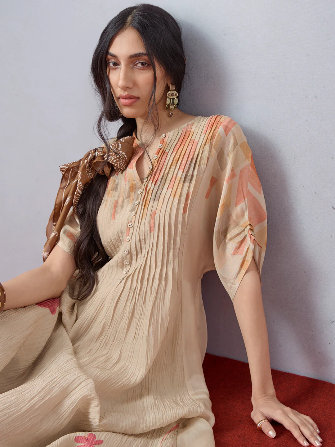 Printed Kaftan with Inner - Beige - Image 4