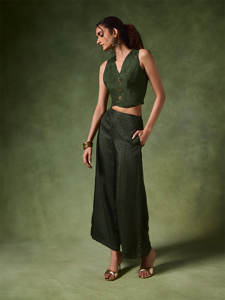 Printed Wide-Leg Pants – Green - Image 2