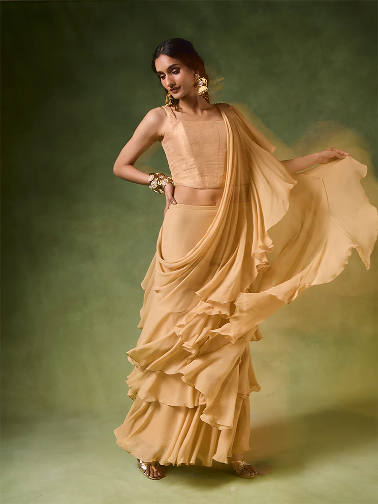 Ruffled Saree Set – Gold - Image 2