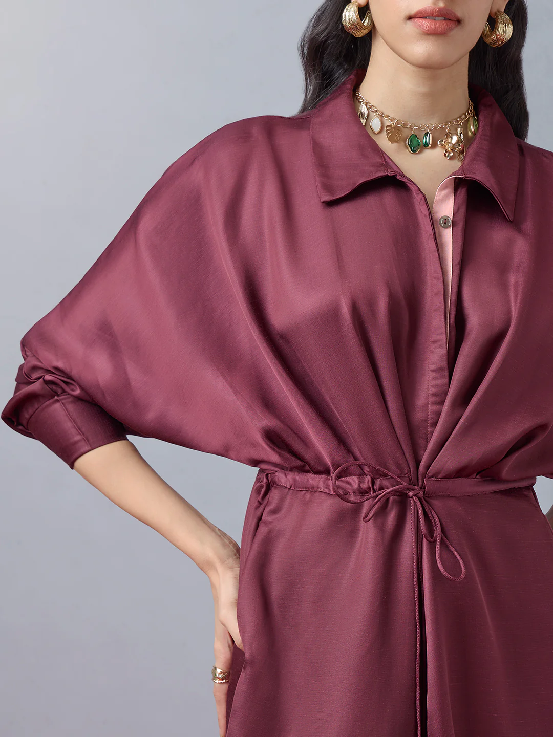 Satin Shirt Dress - Maroon - Image 3