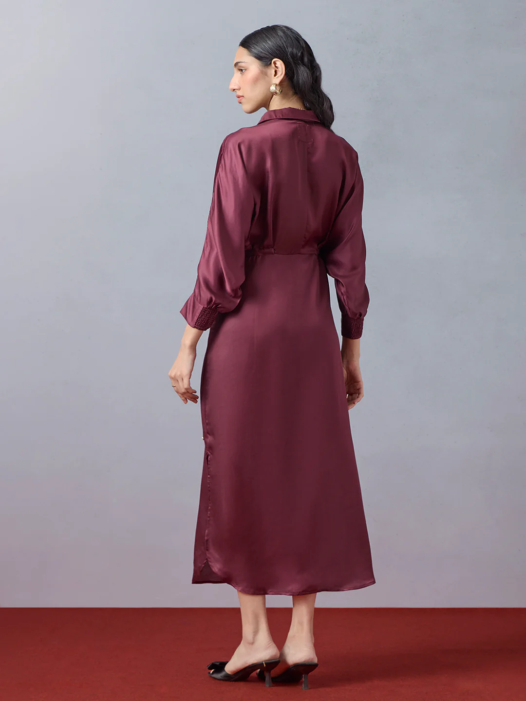 Satin Shirt Dress - Maroon - Image 4