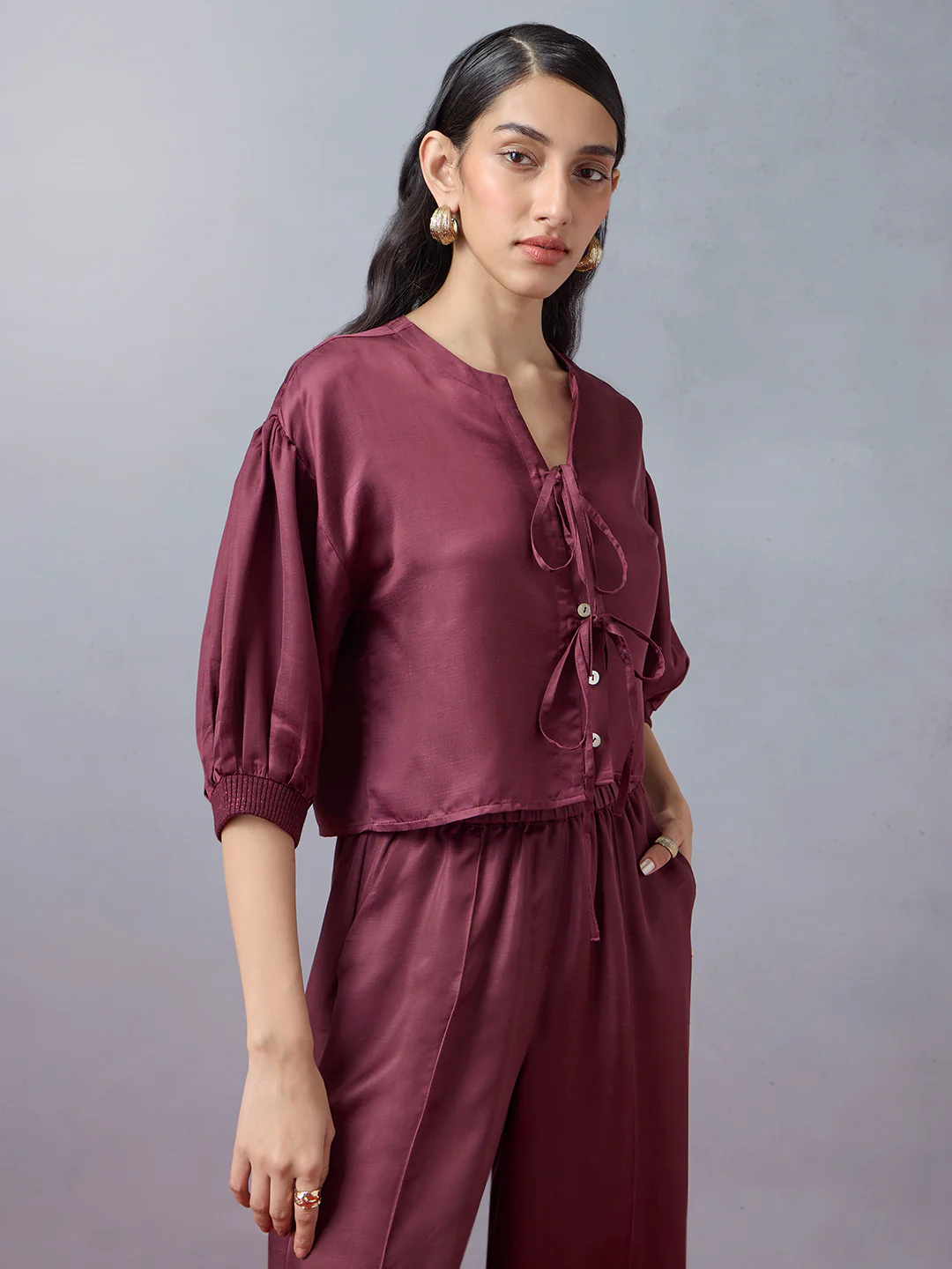 Satin Top with Tie-Up Front - Maroon