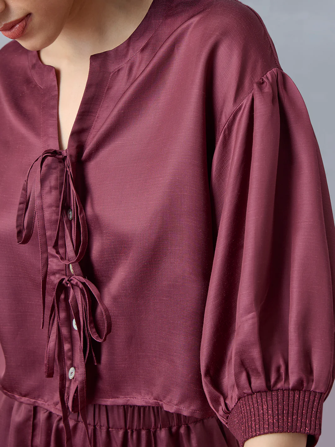 Satin Top with Tie-Up Front - Maroon - Image 2