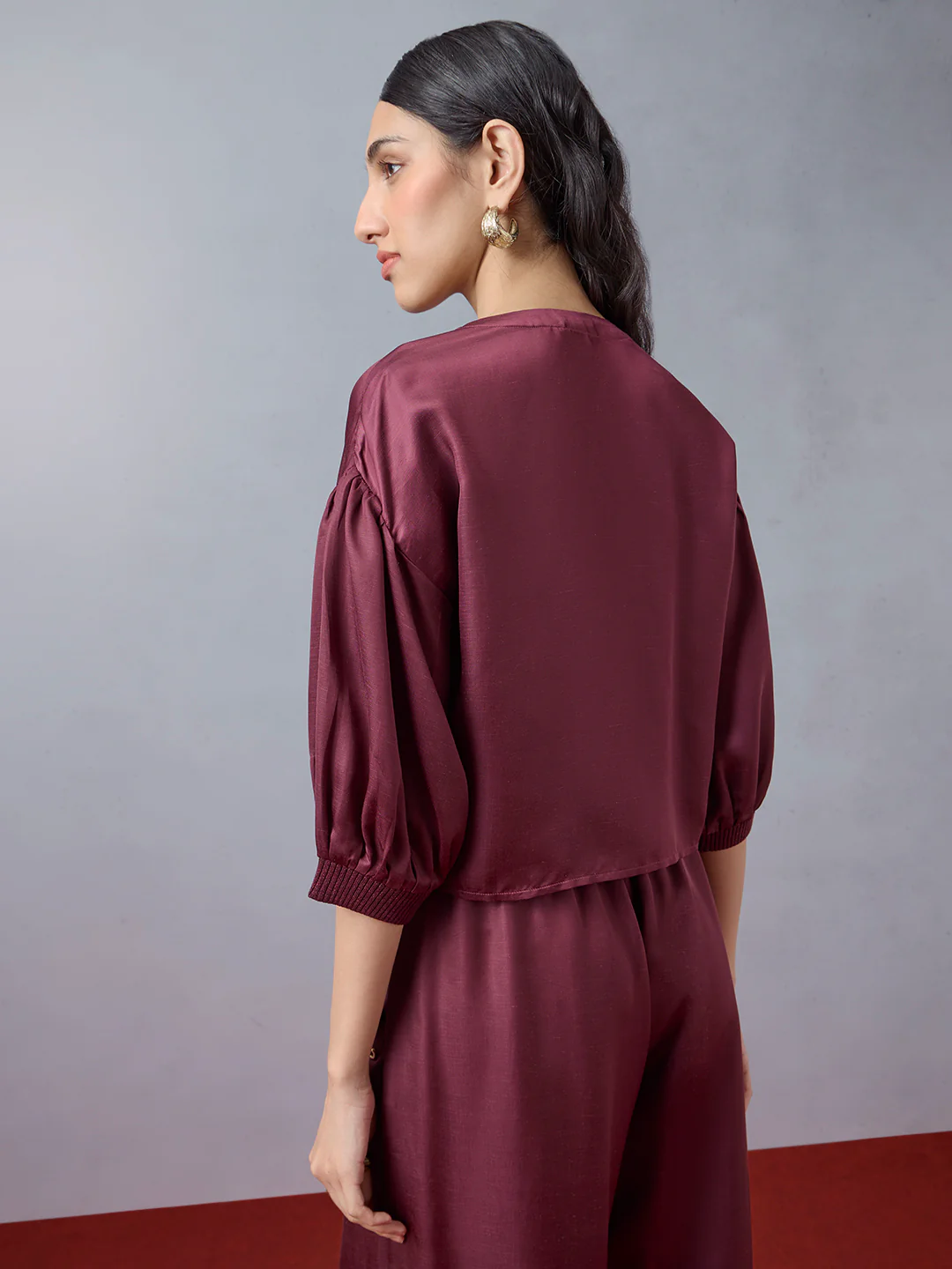 Satin Top with Tie-Up Front - Maroon - Image 3