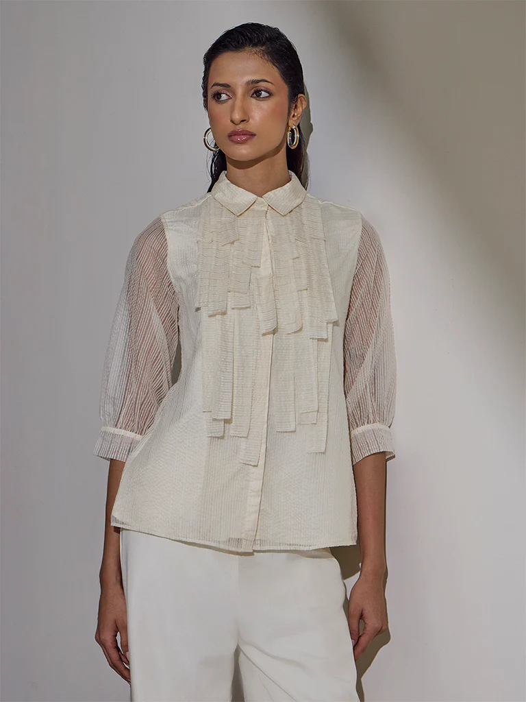 Seersucker Striped Blouse - Off-White - Image 2