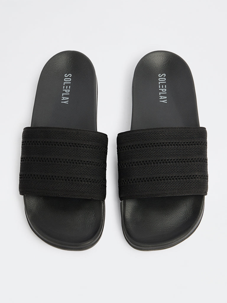 SOLEPLAY Black Knit-Textured Pool Slides - Image 2