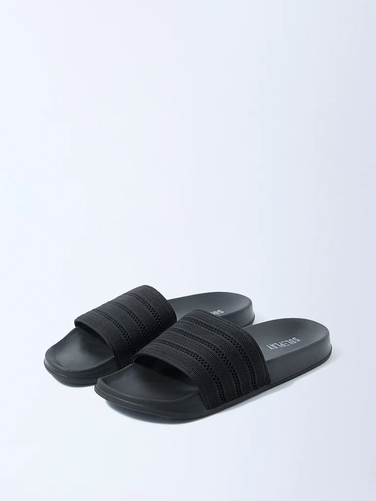 SOLEPLAY Black Knit-Textured Pool Slides - Image 2