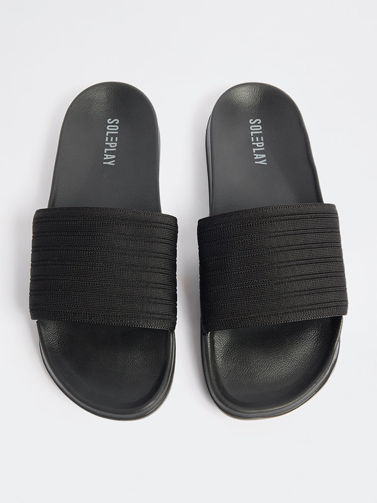 SOLEPLAY Black Knit-Textured Pool Slides - Image 3