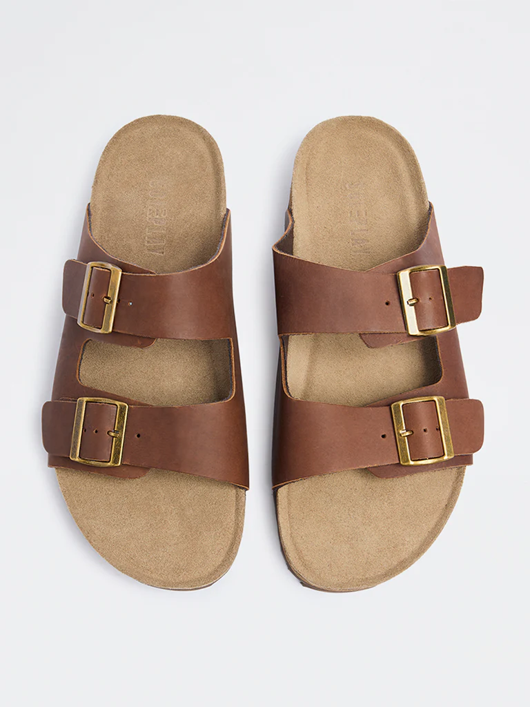 SOLEPLAY Brown Dual-Strap Slip-On Suede Leather Sandals - Image 3