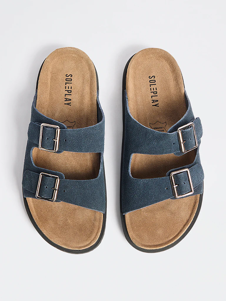 SOLEPLAY Navy Buckle-Detailed Slip-On Suede Sandals - Image 3