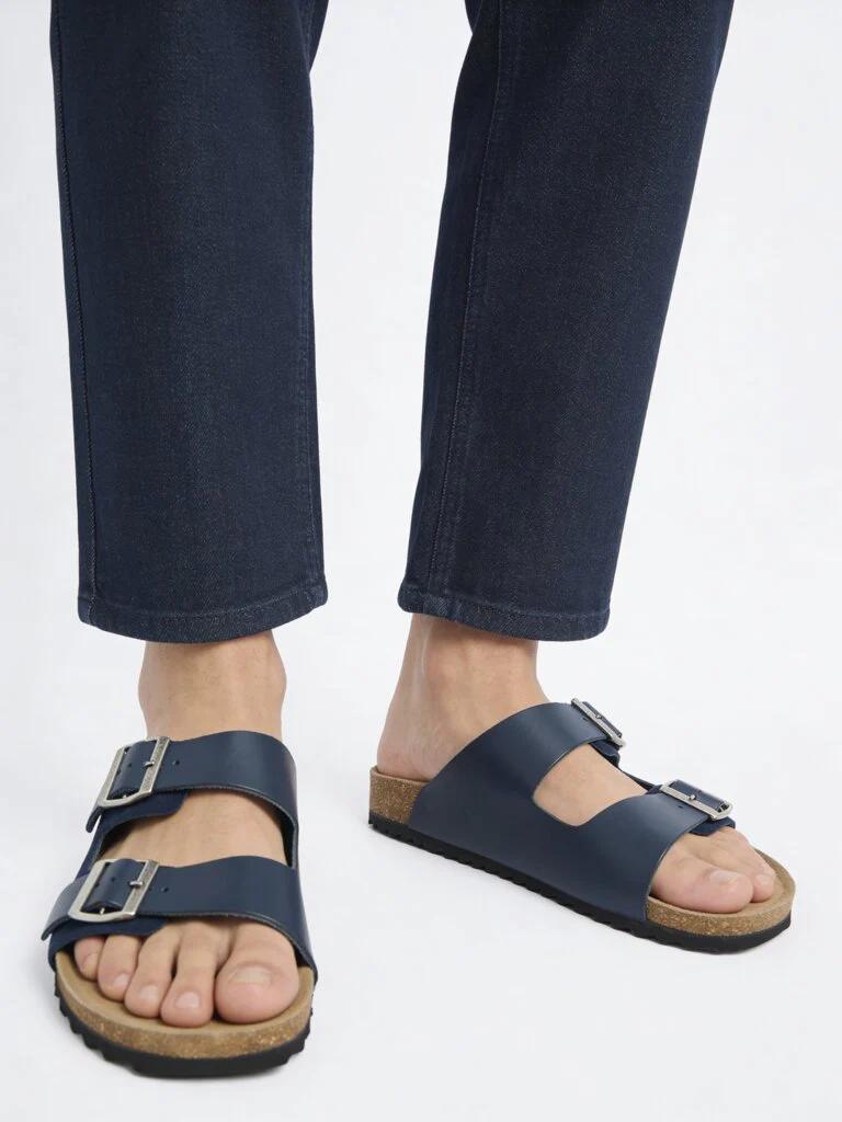 SOLEPLAY Navy Dual-Strap Slip-On Suede Leather Sandals