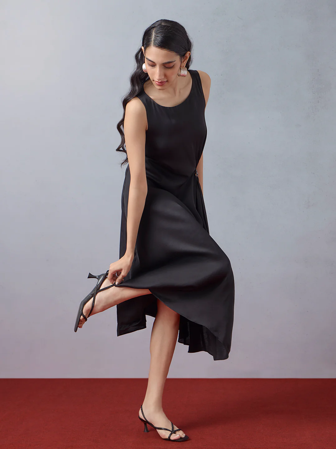 Solid Midi Dress - Black - Image 2