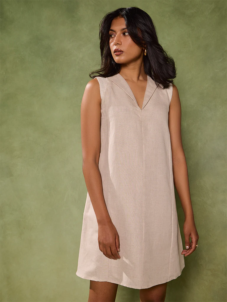 Solid Shift Dress – Beige - Image 2